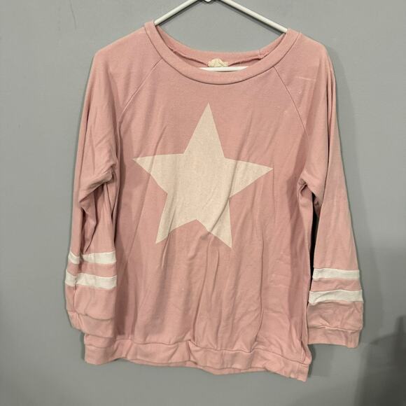 143 Story Pink Pullover Star Top w/ Varsity Stripe Sleeves Approx Size Large - Picture 1 of 6